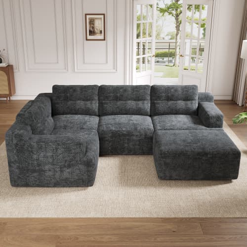 Modulær grå chenille-sofa, L-/U-form, rammeløs med helskum, uden montering, til stuen og soveværelset