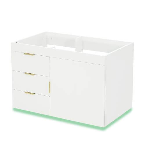Badrumsskåp 76 cm, väggmonterat, LED & app, vit träådring, soft-close – utan kran
