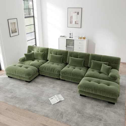 Modulär hörnsoffa, U-format sofaset för vardagsrum, 4-sits bekväm molnsoffa med flyttbar pall, DIY-kombination, chenille, grön