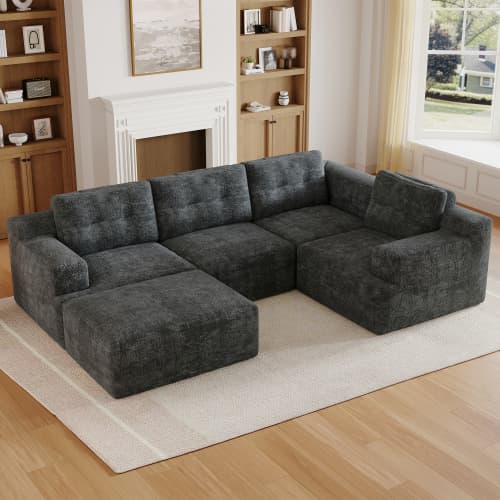 Modulær grå chenille-sofa, L-/U-form, rammeløs med helskum, uden montering, til stuen og soveværelset