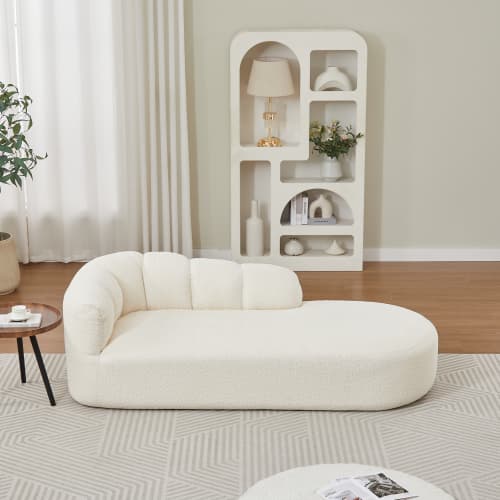 Chaise longue, chenille, vågformad rygg & mjuk polstring – beige, för vardagsrum, sovrum & läshörna