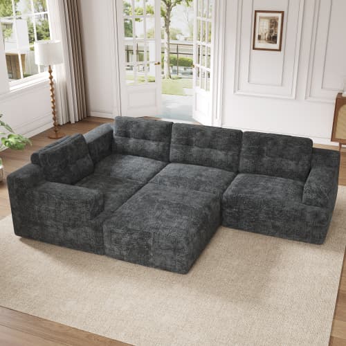 Modulær grå chenille-sofa, L-/U-form, rammeløs med helskum, uden montering, til stuen og soveværelset