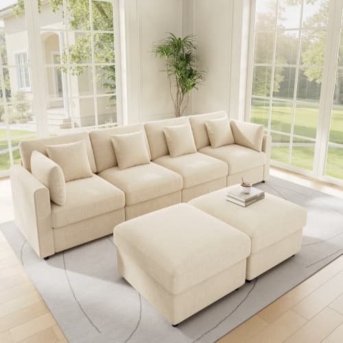 Modulär U-/L-formad chenillesoffa med 2 pallar, molnsoffadesign, 4 kuddar & 2 nackstöd, beige
