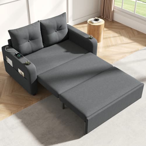 3‑i‑1 bäddsoffa grå, utdragbar soffa med sovfunktion, dryckeshållare, sidofickor, kuddar och USB‑port, modern design