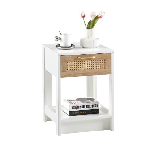 Rattan-bord med låda – 55x40x40 cm, vit, för vardagsrum & sovrum