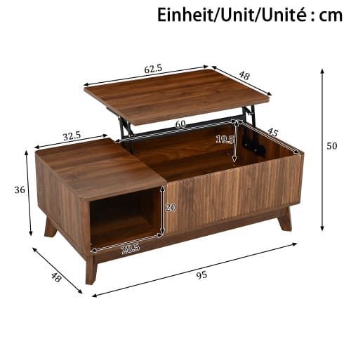 Bord med lyftfunktion, vågtextur, öppet sidofack i MDF, modern design