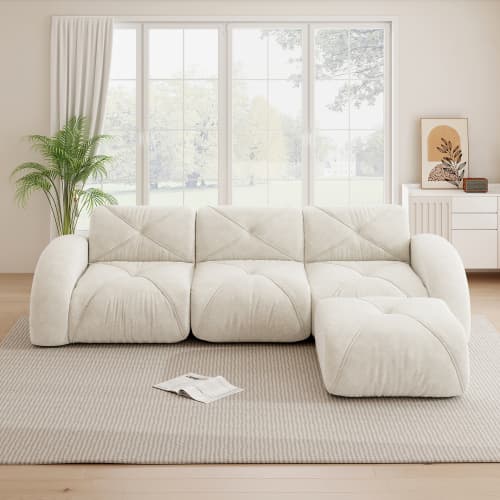 L‑formad modulär 3‑sits soffa med fotstöd, halksäker undersida, ingen montering, vit för vardagsrum