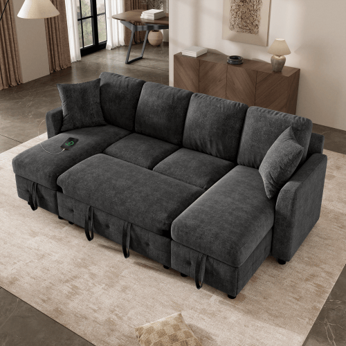 U-formad chenille-sovsoffa, 2 förvaringschaise longues, USB-C & 2 kuddar – 260x128x82 cm, grå