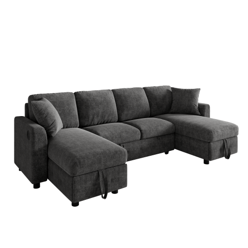 U-formad chenille-sovsoffa, 2 förvaringschaise longues, USB-C & 2 kuddar – 260x128x82 cm, grå