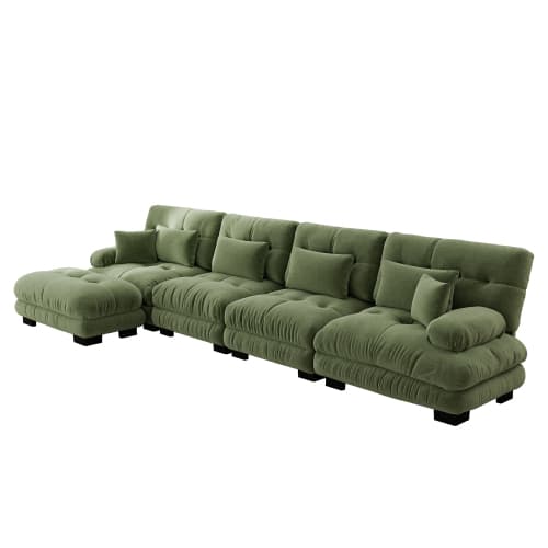 Modulär hörnsoffa, L-format sofaset för vardagsrum, 4-sits bekväm molnsoffa med flyttbar pall, DIY-kombination, chenille, grön