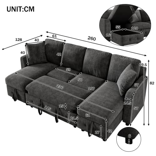 U-formad chenille-sovsoffa, 2 förvaringschaise longues, USB-C & 2 kuddar – 260x128x82 cm, grå