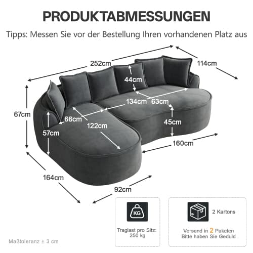 Ramlöst L‑format molnsoffa chenille, chaiselongue med kuddar, ingen montering, grå