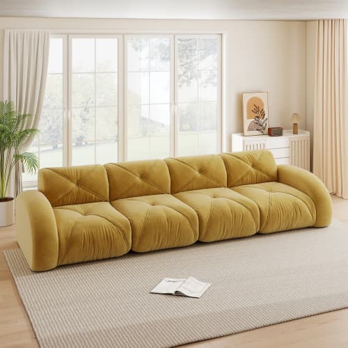 Gul ramlös extra stor modulär 4‑sits soffa i chenilletyg, halksäker design, ingen montering, för vardagsrum