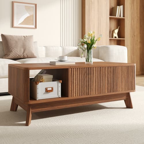 Bord med lyftfunktion, vågtextur, öppet sidofack i MDF, modern design