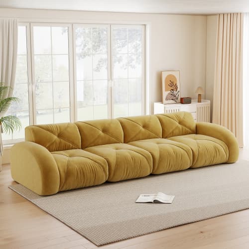 Gul ramlös extra stor modulär 4‑sits soffa i chenilletyg, halksäker design, ingen montering, för vardagsrum