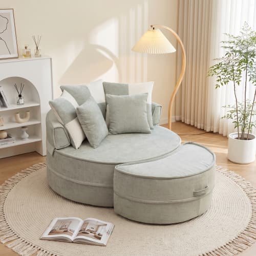 Rund soffa med 5 kuddar och pall för vardagsrum och sovrum, grön