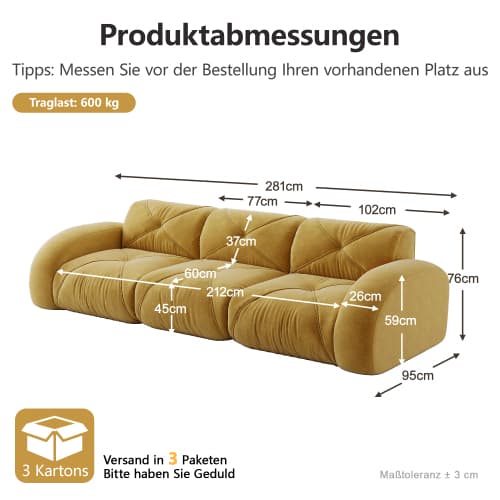 Gul ramlös extra stor modulär 3‑sits soffa i chenilletyg, halksäker design, ingen montering, för vardagsrum