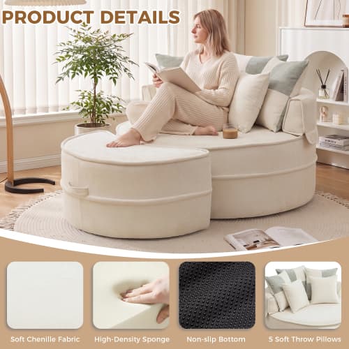 Rund soffa med 5 kuddar och pall för vardagsrum och sovrum, beige