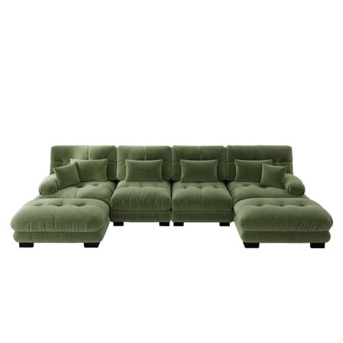 Modulär hörnsoffa, U-format sofaset för vardagsrum, 4-sits bekväm molnsoffa med flyttbar pall, DIY-kombination, chenille, grön