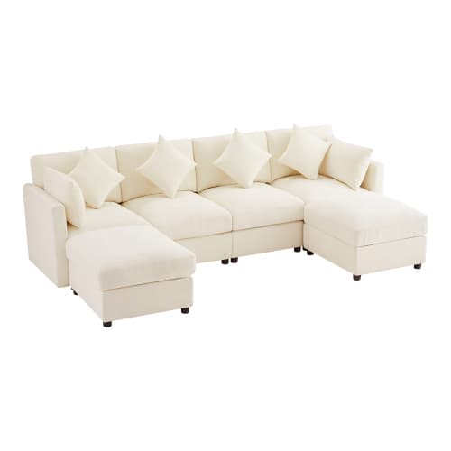 Modulär U-/L-formad chenillesoffa med 2 pallar, molnsoffadesign, 4 kuddar & 2 nackstöd, beige