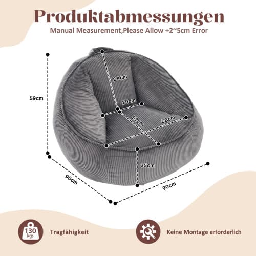 Sitsäck för vuxna & barn – för vardagsrum, sovrum, lekrum & kontor, ljusgrå, medium