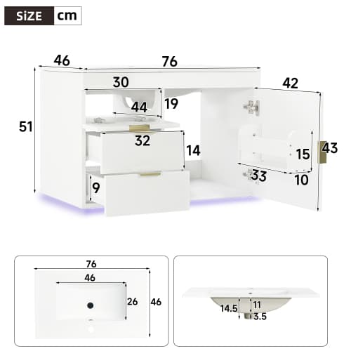 Badrumsskåp 76 cm, väggmonterat, LED & app, vit träådring, soft-close – utan kran