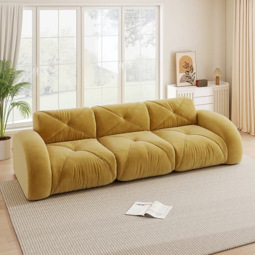 Gul ramlös extra stor modulär 3‑sits soffa i chenilletyg, halksäker design, ingen montering, för vardagsrum