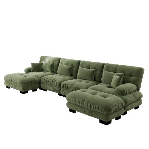 Modulär hörnsoffa, U-format sofaset för vardagsrum, 4-sits bekväm molnsoffa med flyttbar pall, DIY-kombination, chenille, grön