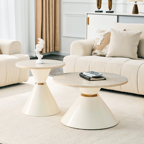 2 stackbara soffbord, travertinlook, metallkon, creme/guld – platsbesparande för vardagsrum, sovrum & kontor