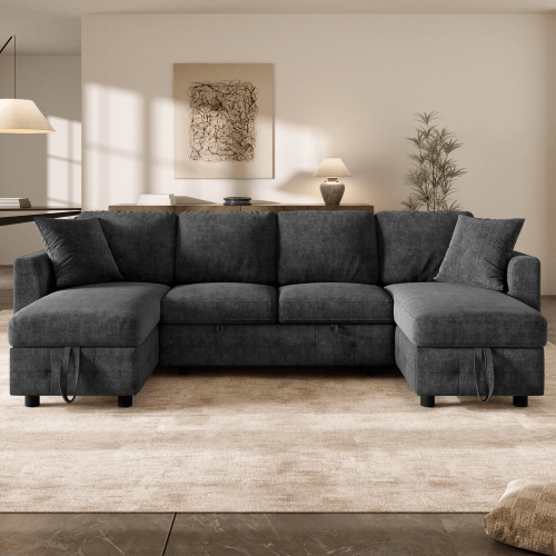 U-formad chenille-sovsoffa, 2 förvaringschaise longues, USB-C & 2 kuddar – 260x128x82 cm, grå