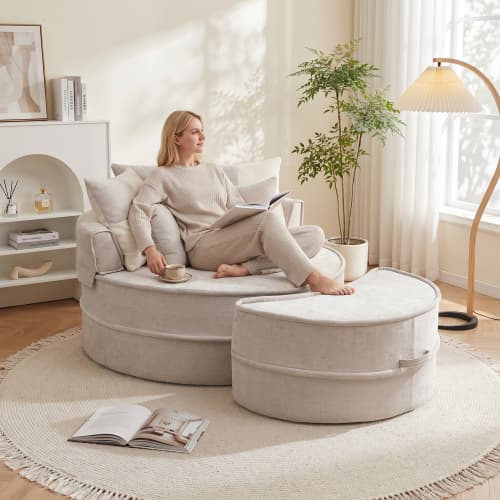 Rund soffa med 5 kuddar och pall för vardagsrum och sovrum, grå