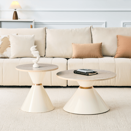 2 stackbara soffbord, travertinlook, metallkon, creme/guld – platsbesparande för vardagsrum, sovrum & kontor