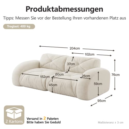 Ramlös modulär 2‑sits soffa i chenille med 32D‑högdensitetsskum, halksäker, ingen montering, vit för vardagsrum