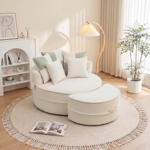 Rund soffa med 5 kuddar och pall för vardagsrum och sovrum, beige