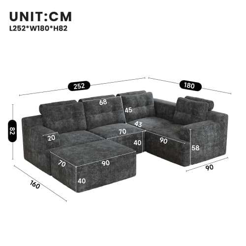 Modulær grå chenille-sofa, L-/U-form, rammeløs med helskum, uden montering, til stuen og soveværelset