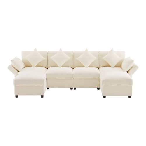 Modulär U-/L-formad chenillesoffa med 2 pallar, molnsoffadesign, 4 kuddar & 2 nackstöd, beige