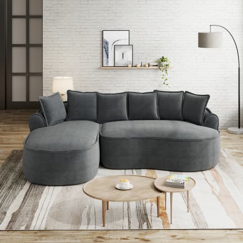 Ramlöst L‑format molnsoffa chenille, chaiselongue med kuddar, ingen montering, grå