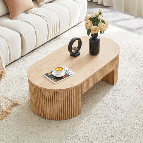 Ovalt soffbord, eklook, fluted & låda – modernt förvaring för vardagsrum