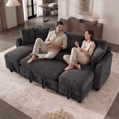 U-formad chenille-sovsoffa, 2 förvaringschaise longues, USB-C & 2 kuddar – 260x128x82 cm, grå