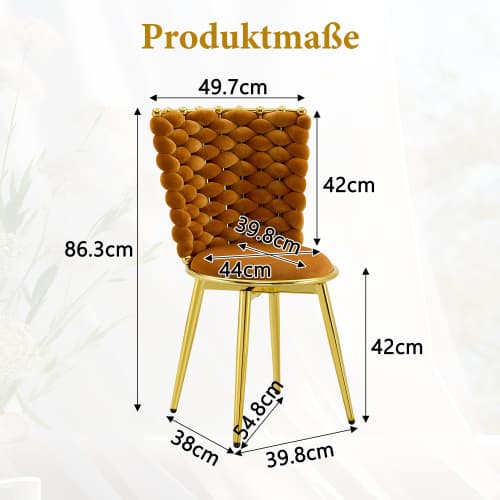2 matstolar, sammet, guldben, stoppad sits & flätad rygg – orange, för matrum & vardagsrum