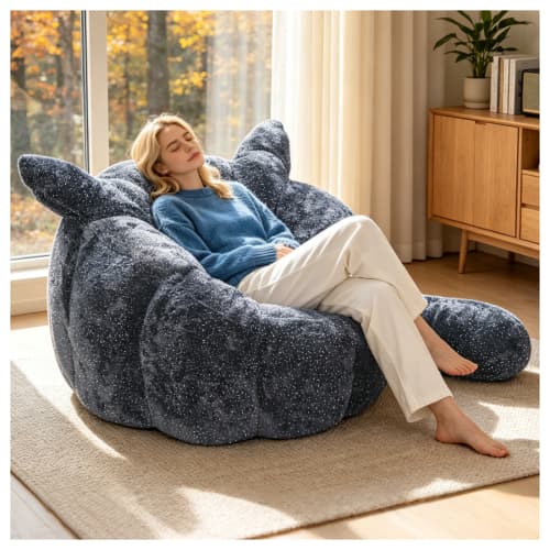 Stjärnsnö-räv sitsäck, mjuk fluffig djurformad sittsäck, för sovrum & vardagsrum