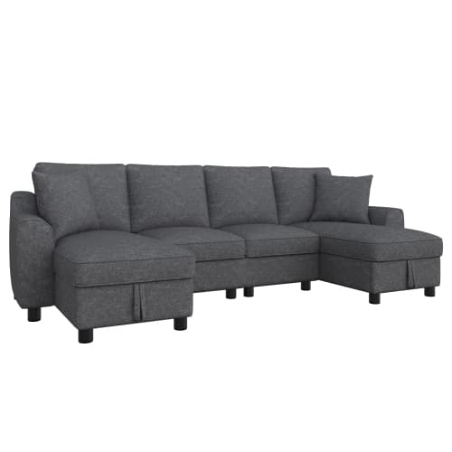 U-formad chenille-soffa, 2-sits + 2 chaise longues, förvaring & 2 kuddar – 280x137x84 cm, grå