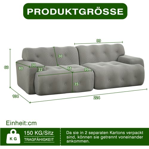 Cloud-sofa, 2-personers, brede armlæn, knapper & svungen – grå, samlet til stue & lejlighed