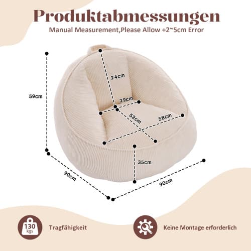 Sitsäck för vuxna & barn – för vardagsrum, sovrum, lekrum & kontor, beige, medium