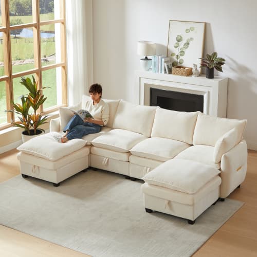 U-formad soffa med förvaring, 4 moduler & 2 pallar – chenille, massiv träram, med kuddar