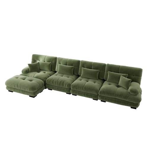 Modulär hörnsoffa, L-format sofaset för vardagsrum, 4-sits bekväm molnsoffa med flyttbar pall, DIY-kombination, chenille, grön