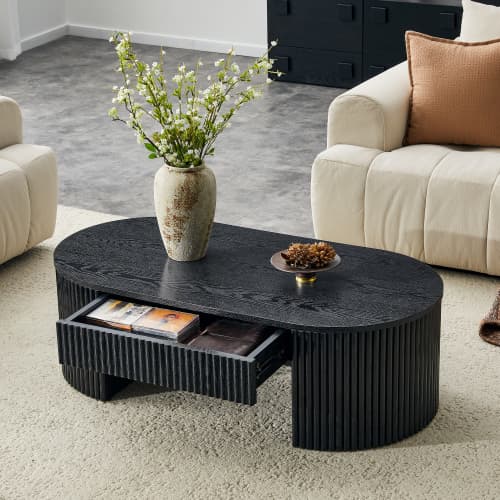 Design sofabord, rillet, sort oval med opbevaringsskuffe – stabilt til stue