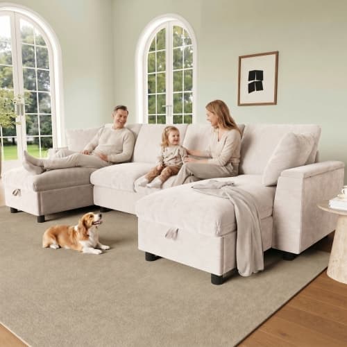 U-formad chenille-soffa, 2-sits + 2 chaise longues, förvaring, USB-C – 279x135x84 cm, beige
