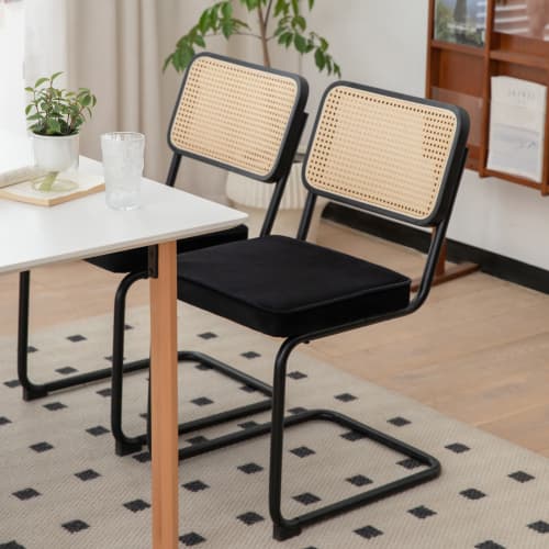 2 matstolar, sammet & rotting, kromben, Breuer-design – för matrum, vardagsrum & kök