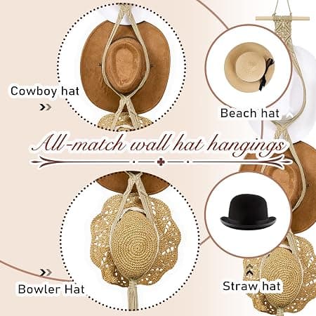 (Beige, tre hatte stil) Macrame hatteophæng hatteholder til